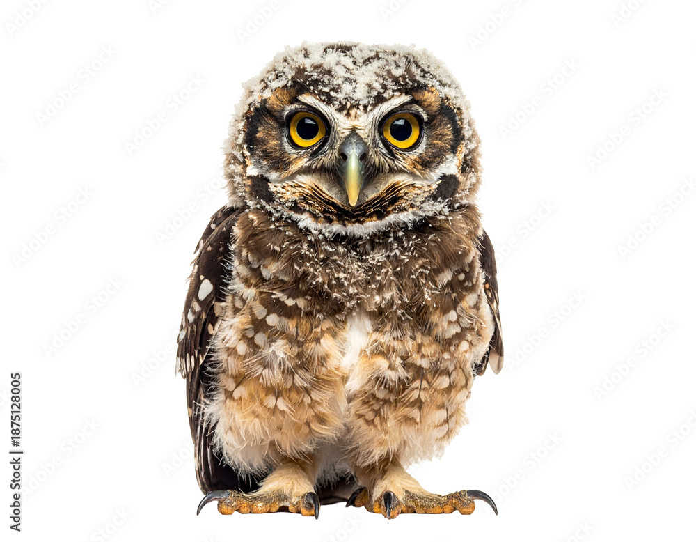Obraz premium Cute Baby Owl with Large Round Eyes on White Background
