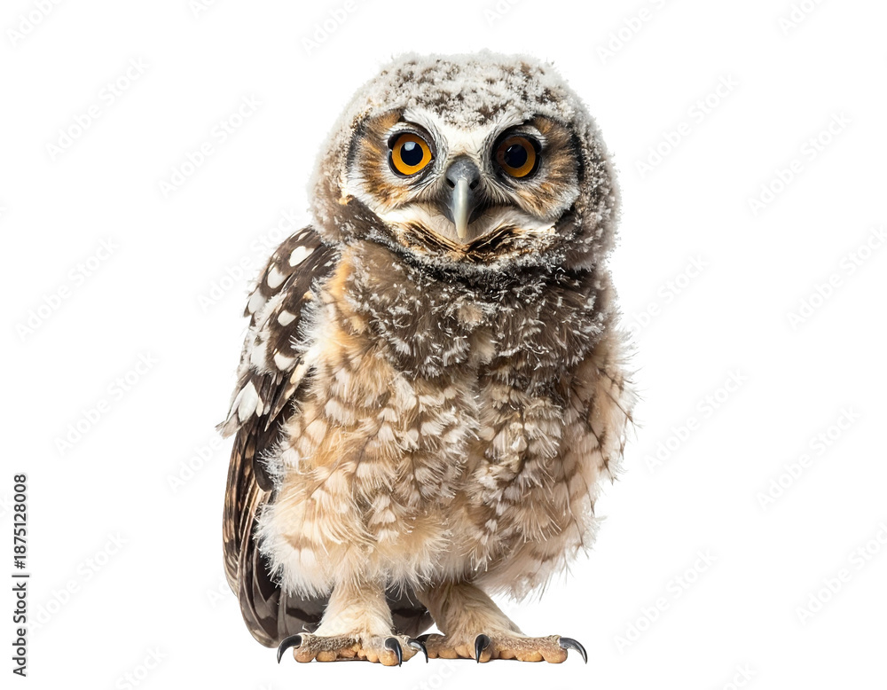Obraz premium Baby Owl with Soft Round Eyes on White Background