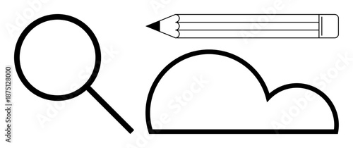 Exploration, creativity, digital tools, data storage, education, design concepts. A magnifying glass, pencil and cloud outline in black. Exploration and creativity in technology and learning