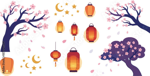Hanami festival lanterns vector icon sheet with hanging paper lanterns, cherry blossom branches and golden stars