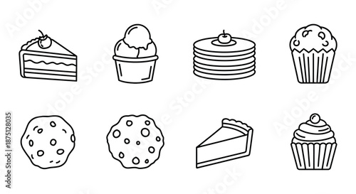 Assorted sweet treats and desserts in black and white