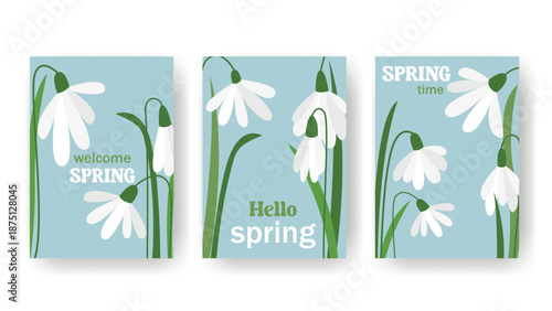 Set of spring postcards with snowdrops. Vertical templates with text Hello Spring, Spring Time and Welcome. Primrose design for covers, postcards, banners and flyers. Vector graphics