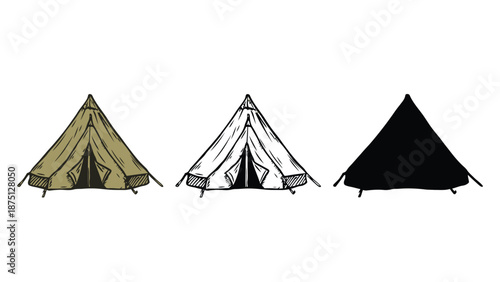 Three different colored tents are shown in a row on a white background