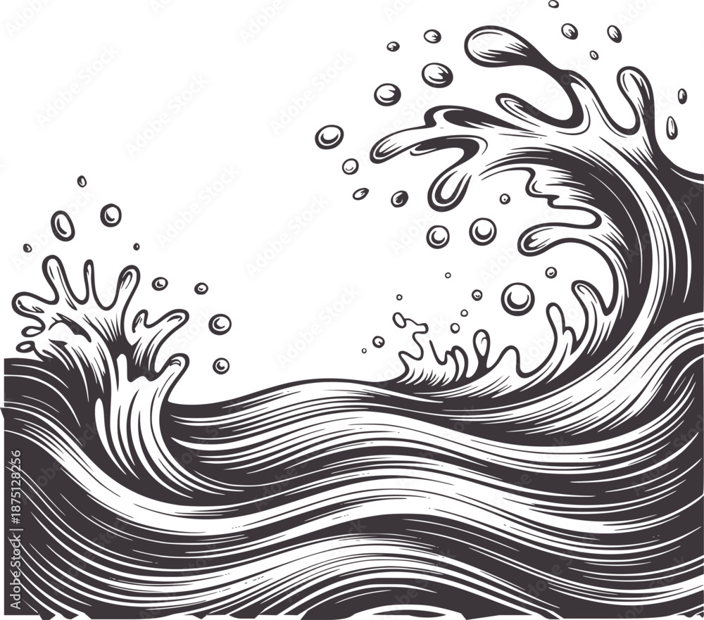 Fototapeta premium Detailed black and of turbulent ocean waves crashing water splash foam