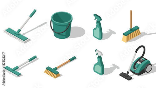 Isometric Cleaning Supplies and Equipment Collection for Household Chores.