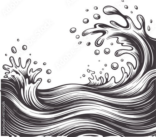 Detailed black and of turbulent ocean waves crashing water splash foam
