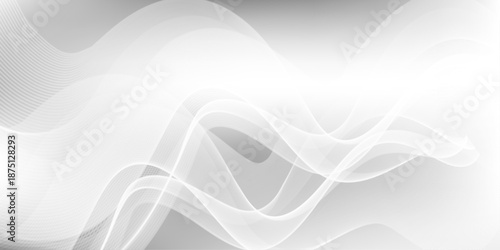 Modern minimal abstract white backdrop with gray flowing wave lines featuring layered motion, smooth curved transparency, and a clean tech-inspired digital frequency line art design