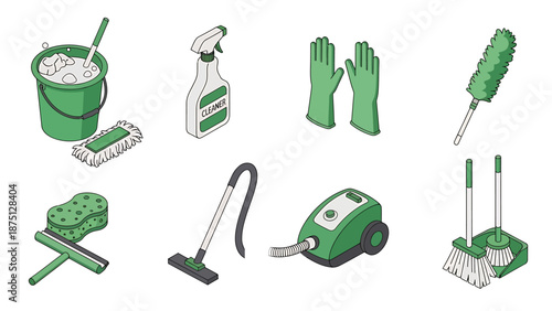 Collection of various green cleaning supplies and essential household tools.