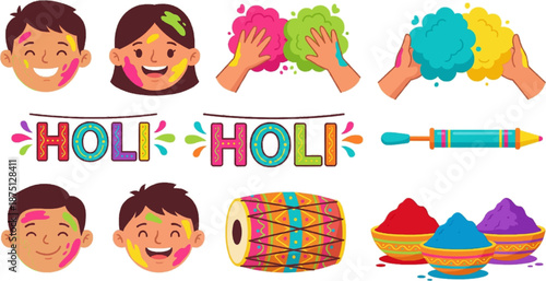 Holi festival celebration vector icon sheet featuring children playing with colorful powder, handprints and joyful expressions