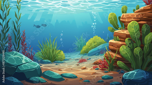 Vibrant underwater world illustration with sun rays illuminating a diverse coral reef ecosystem and aquatic plants, showcasing marine life's beauty