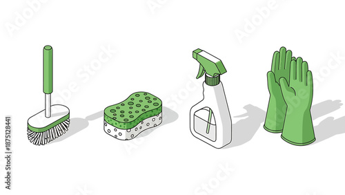 Isometric illustration of essential green cleaning supplies for household chores.