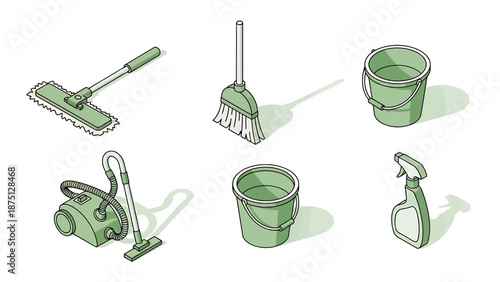 Isometric Cleaning Supplies Set - Mop, Broom, Buckets, Vacuum Cleaner, and Spray Bottle.