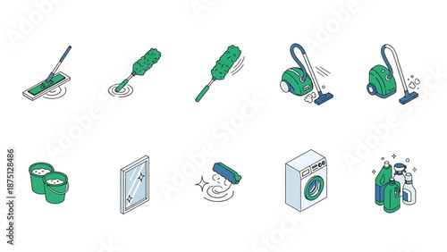 Isometric cleaning tools and household appliances icons set for domestic chores.