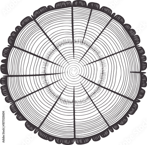 Detailed black and tree cross section with concentric rings and radial lines crosssection