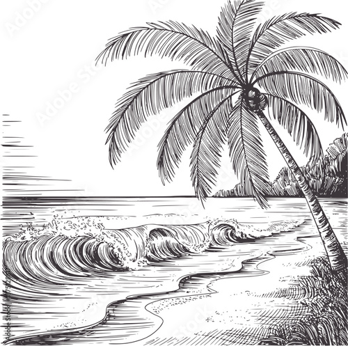 Detailed black and pen and ink tropical beach scene with palm tree and waves ocean