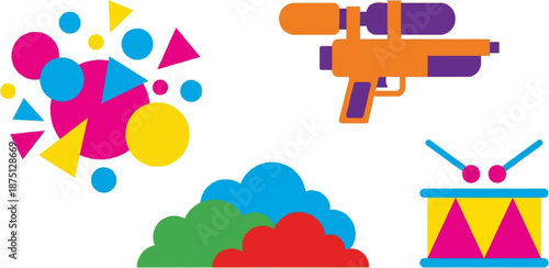 Colorful abstract shapes and geometric confetti vector icon sheet with clouds, crosses and circles