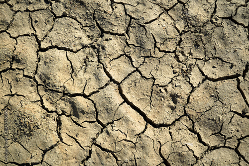 Cracked and dried mud in an empty dam, climate change image