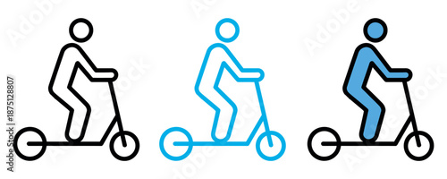 Scooter rider icon set displaying outline, blue, and filled design variations