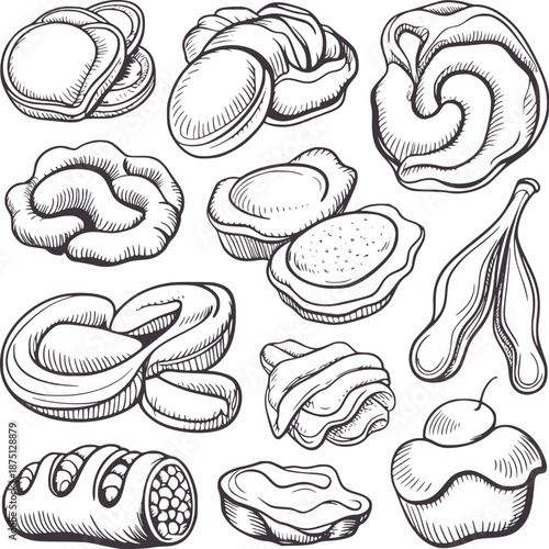Detailed monochromatic of various baked goods and pods pretzel bread roll