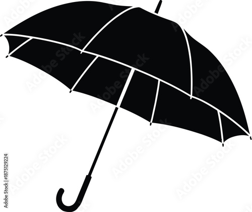 Black umbrella with white ribs on a white background.