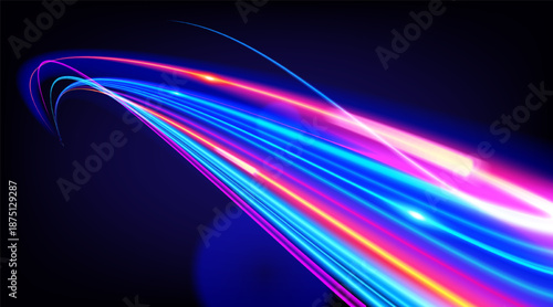 Abstract high-speed neon light trails on dark background