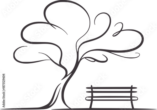 Minimalist black and tree with curved branches and bench