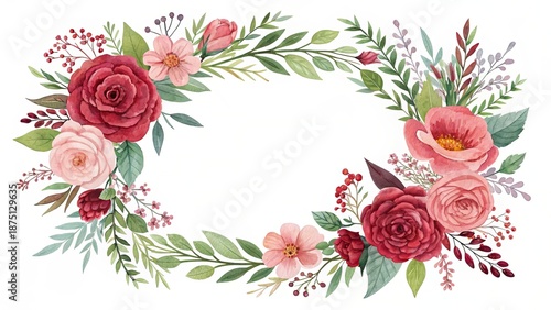 Beautiful floral wreath with pink and red roses and green leaves on white background