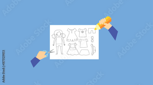 Illustration of a woman cutting a dress for a girl's dress