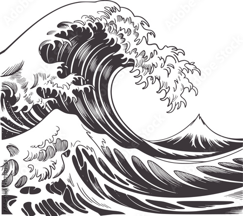 Monochrome detailed wave with intricate foam and swirling water ocean black