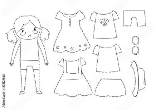 Set of cute children's clothes. Vector illustration for coloring book.