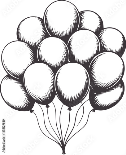 Monochrome of a cluster of eleven balloons tied together black group