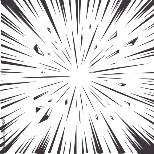 Radial black and explosion lines with sharp geometric fragments