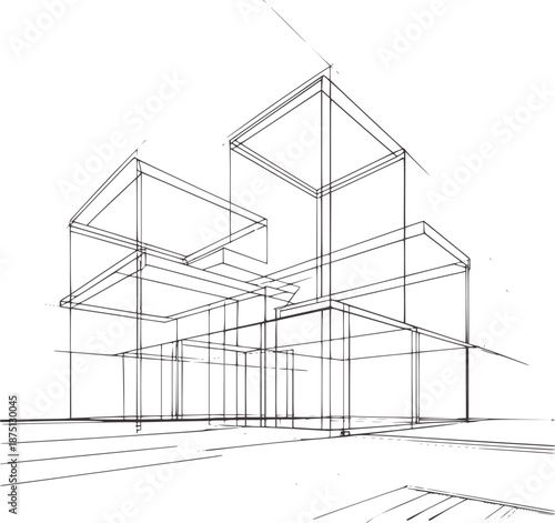 Wireframe architectural of a modern multilevel building in black and architecture
