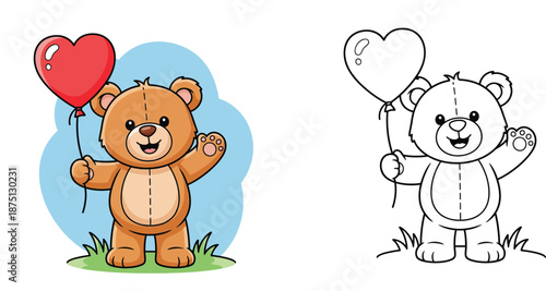 Cute cartoon teddy bear holding red heart balloon. Vector illustration with black and white coloring book page outline.