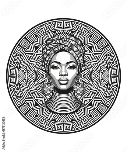 Elegant African woman with traditional headwrap and jewelry in black and white