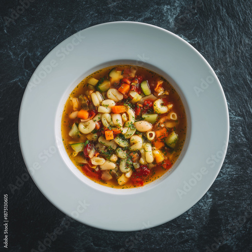 Wallpaper Mural Draufsicht auf eine herzhafte Gemüsesuppe mit Pasta in einem weißen Teller auf dunklem Untergrund. Frische Zutaten und warme Farben vermitteln Hausküche, Genuss und gesunde Ernährung. Torontodigital.ca