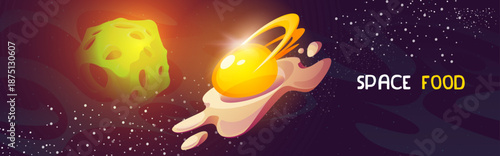 Space food poster with egg and cheese in cosmos