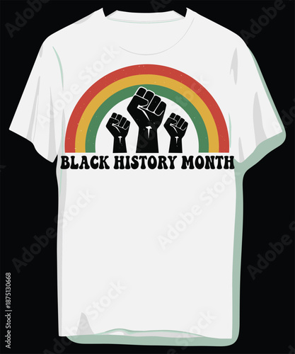 Vibrant Black History Month t-shirt design with rainbow and fists