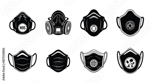 Collection of various black face masks with different filter designs