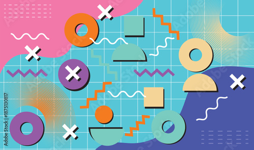 Maximalist Memphis Style Seamless Pattern Vibrant Retro 80s Geometric Shapes Squiggles Waves X Marks Grid Neon Colors Playful Chaos.