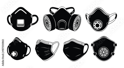 Collection of various black face masks with different filter designs