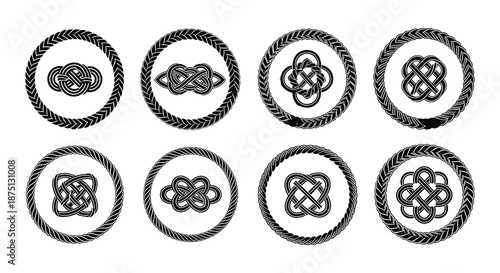 Set of eight circular designs with unique patterns and rope like border