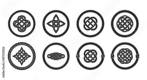 Set of eight circular designs with unique patterns and rope like border