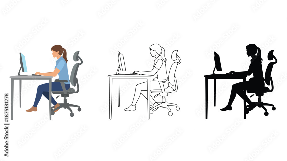 Fototapeta premium A woman sitting at a desk working on a computer in different styles