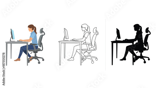 A woman sitting at a desk working on a computer in different styles