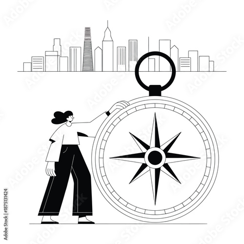 woman interacting with a large compass near city skyline