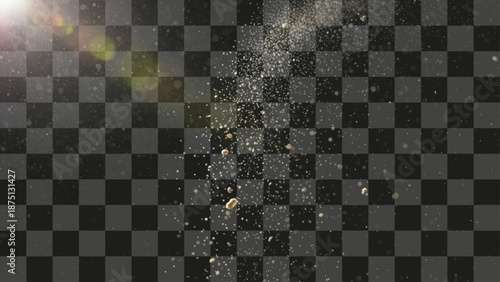 Gold Dust Particle Dispersion Falling Downwards Bright Golden Light Effect Texture on Transparent Overlay