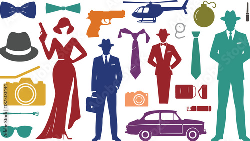 A colorful illustration of secret agents and spy gadgets in a modern setting