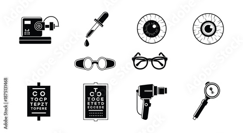 Eye care and vision testing medical icons set