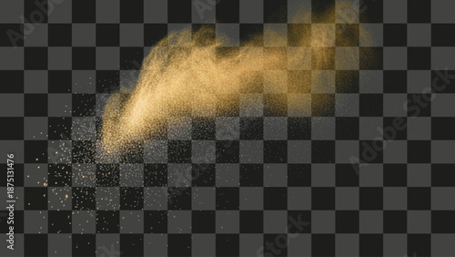 Dust Particles explosive flow effect scattering golden powder burst isolated on transparent background template.